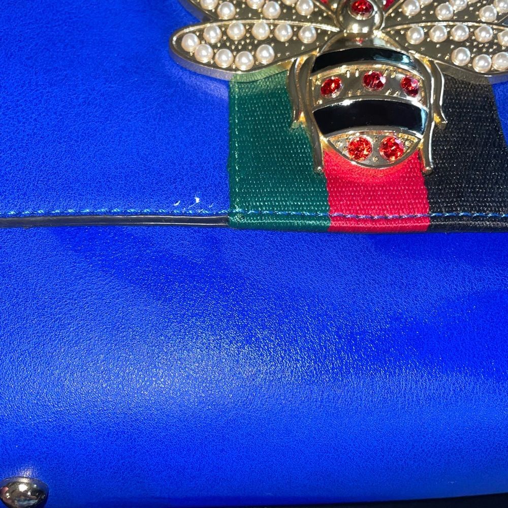Bumblebee Blue Boxy Satchel W Designer Handle Top Purse Roomy Bee Charm Design View 3